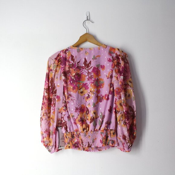 MSK Petite PM Smocked Sheer Lined Floral Balloon Sleeve Surplice top blouse New - Picture 3 of 12